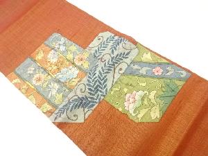 手織り紬手描き花唐草に色紙模様袋帯